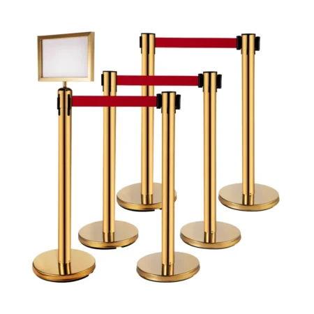 Poteau de guidage doré avec sangle rétractable rouge et porte-affiche A4 Oran Protection.