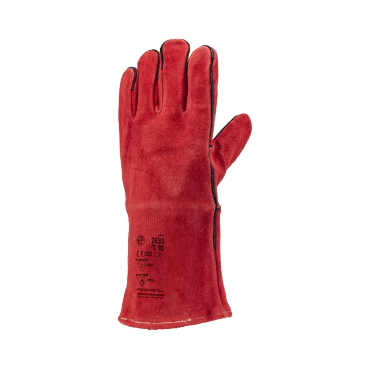 Dos du gant de soudeur rouge 2633 affichant les pictogrammes de certification CE, les normes de protection mécanique EN 388 et de résistance thermique EN 407.