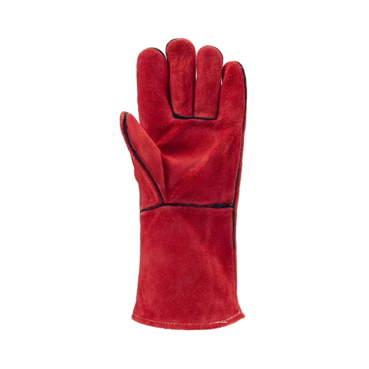 Gant de protection pour soudeur en croûte de vachette rouge, modèle 2633 avec pouce palmé et coutures Kevlar invisibles, idéal pour la métallurgie en Algérie.