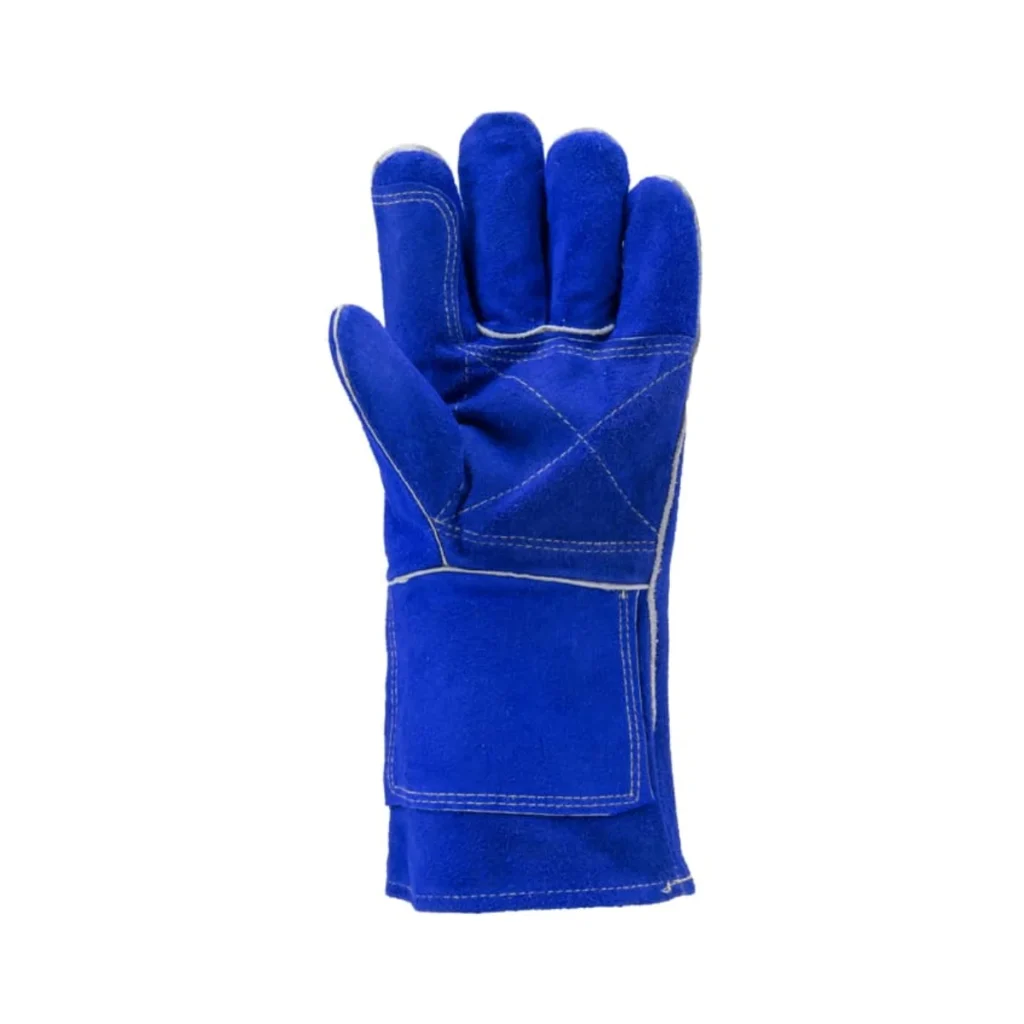 Gant de protection pour soudeur EUROWELD 2636 montrant le renfort de paume en croûte de vachette bleue et les coutures blanches en fil de Kevlar.