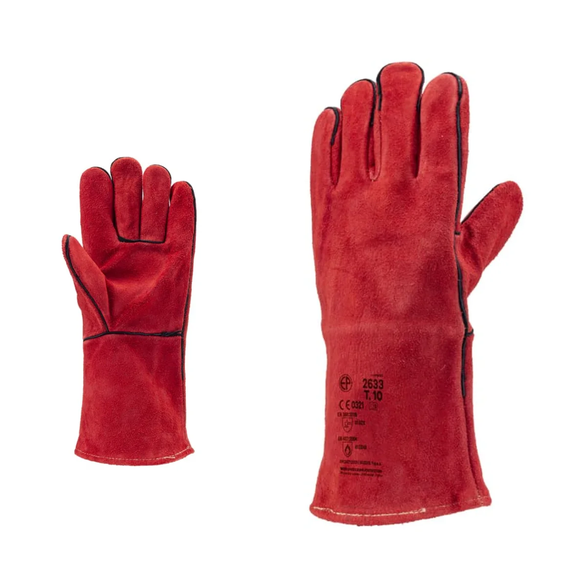 Paire complète de gants de soudeur professionnels de couleur rouge, présentés côte à côte (vue paume et vue dos) pour l'approvisionnement des entreprises en Algérie.