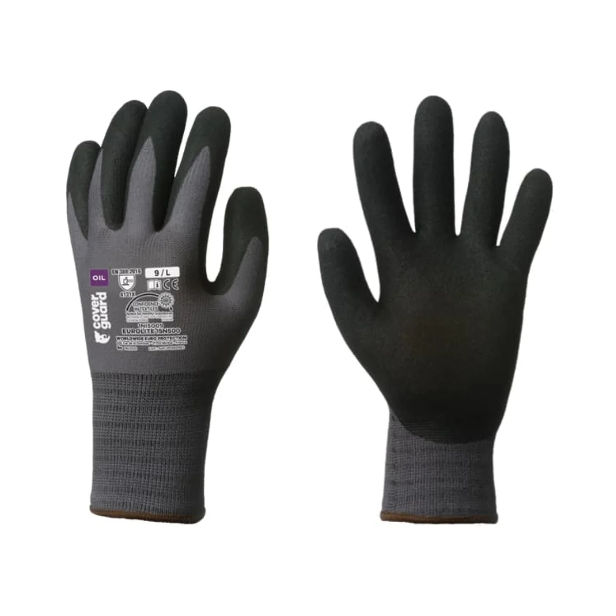 Gants EUROLITE 15N500 gris et noir avec double enduction nitrile pour manutention